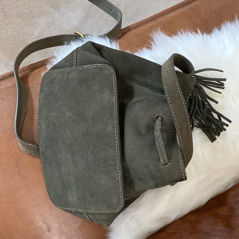 J Crew Olive Suede Small Drawstring Crossbody Bag - image 8